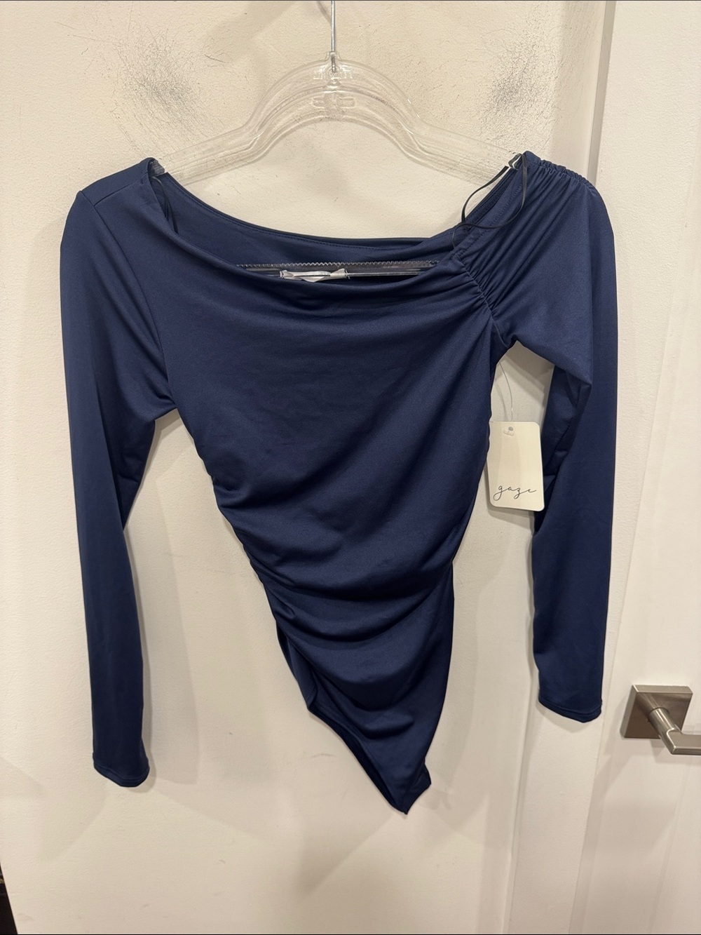 Women’s Navy Off-Shoulder Ruched Long Sleeve Bodysuit